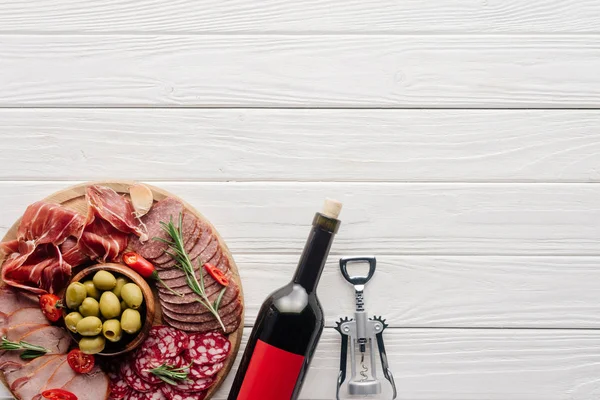 Flat Lay Bottle Red Wine Bottle Opener Meat Snacks Wooden — Stock Photo, Image