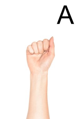partial view of female hand showing latin letter - A, sign language, isolated on white clipart