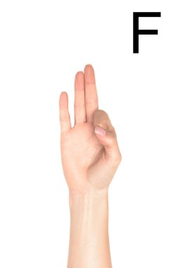 female hand showing latin letter - F, sign language, isolated on white clipart