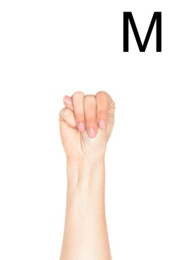 partial view of woman showing latin letter - M, deaf and dumb language, isolated on white clipart