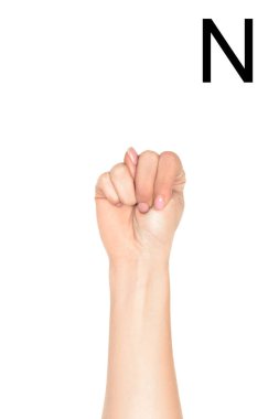 cropped view of woman showing latin letter - N, deaf and dumb language, isolated on white clipart