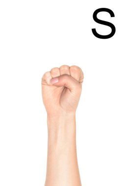 cropped view of woman showing latin letter - S, deaf and dumb language, isolated on white clipart