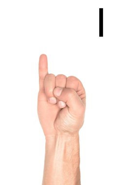 partial view of hand showing latin letter - I, deaf and dumb language, isolated on white clipart