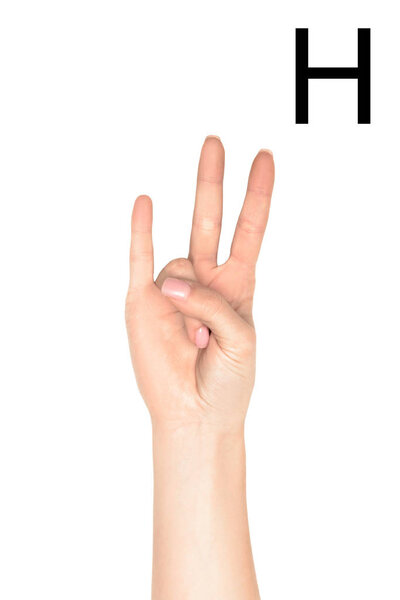 cropped view of woman showing cyrillic letter, deaf and dumb language, isolated on white