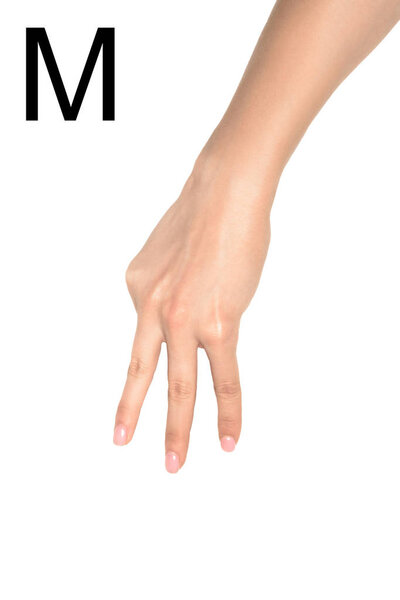 обрезанный вид женщины с кириллическим письмом, язык жестов, изолированный на белом
