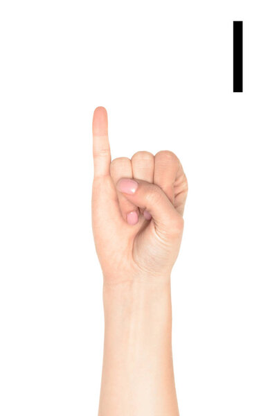 female hand showing latin letter - I, deaf and dumb language, isolated on white
