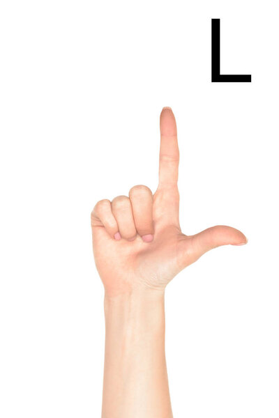 female hand showing latin letter - L, deaf and dumb language, isolated on white