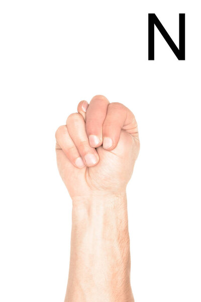 cropped view of male hand showing latin letter - N, deaf and dumb language, isolated on white