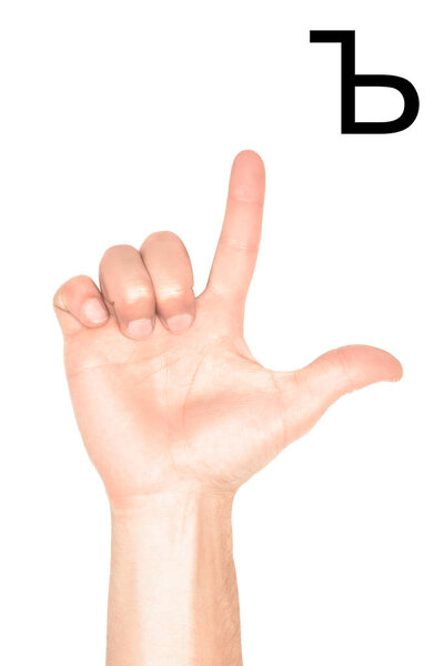 cropped view of male hand showing cyrillic alphabet, deaf and dumb language, isolated on white