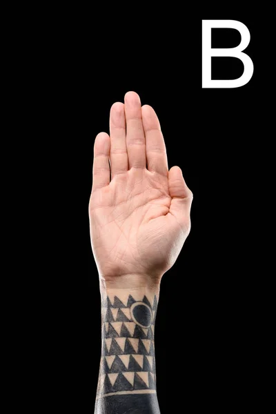 sign language with tattooed male hand and cyrillic letter, isolated on black