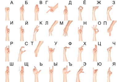 set of sign language with female hands and cyrillic letters, isolated on white clipart