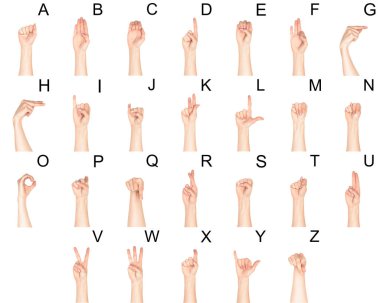 eller ve latin alfabesi, üzerinde beyaz izole sağır ve dilsiz diliyle kümesi