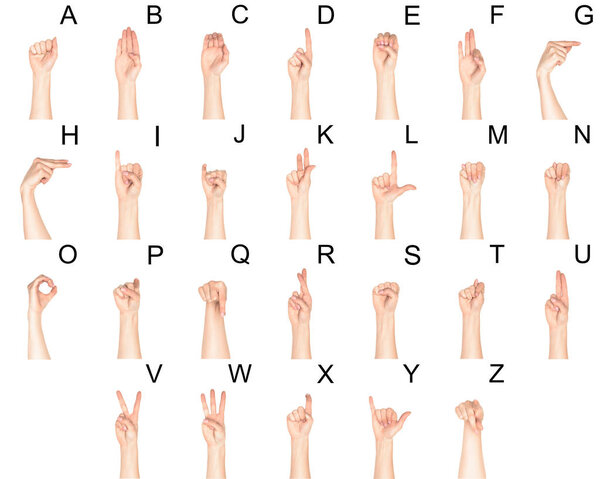 set of deaf and dumb language with female hands and latin alphabet, isolated on white