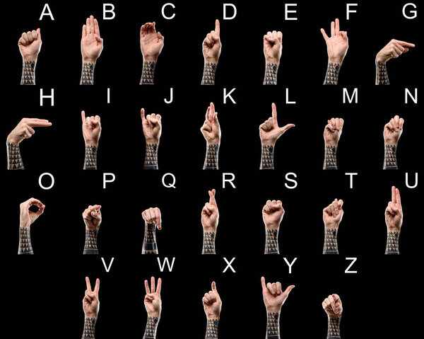 set of deaf and dumb language with tattooed male hands and latin alphabet, isolated on black