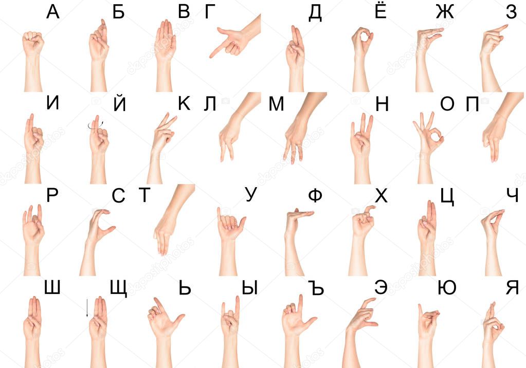 set of sign language with female hands and cyrillic letters, isolated on white