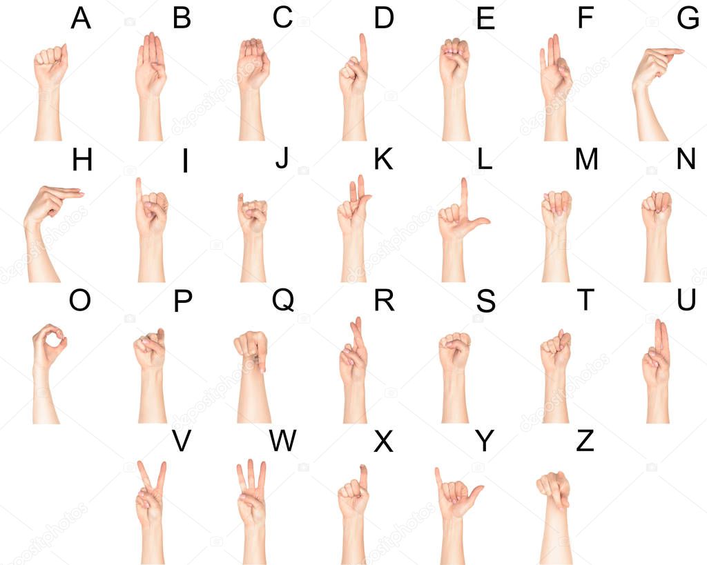 set of deaf and dumb language with female hands and latin alphabet, isolated on white