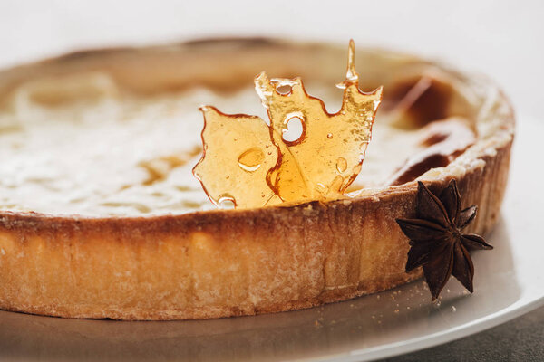 close-up view of gourmet flan cake with caramel and star anise on white plate 
