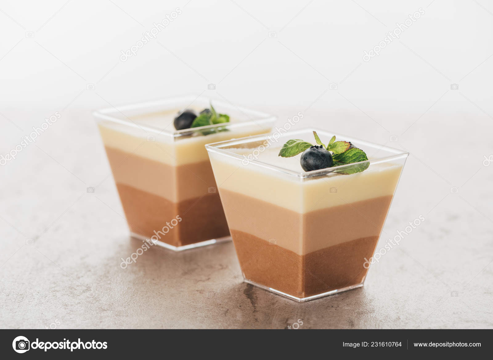 Close View Delicious Triple Chocolate Mousse Desserts Glasses Stock