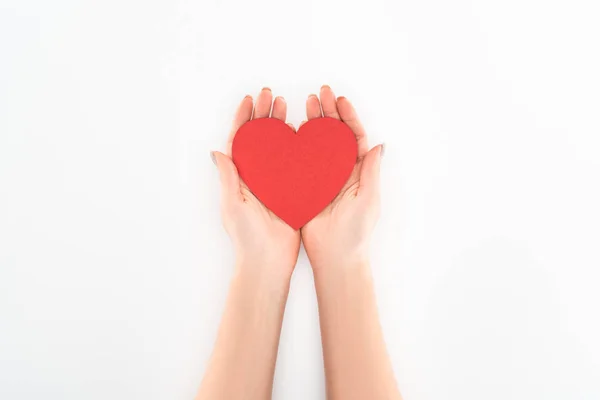 Partial View Woman Holding Red Heart Symbol Isolated White Valentine — Stock Photo, Image