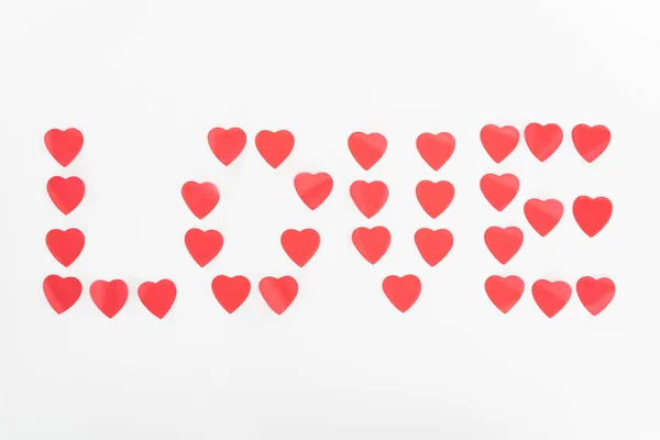 Vista Cima Lettering Amor Feito Símbolos Coração Isolado Conceito Branco — Fotografia de Stock