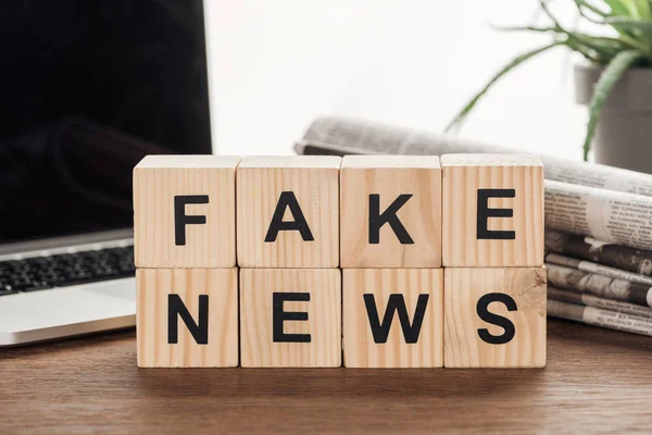 Holzwürfel Mit Wörtern Fake News Pflanze Laptop Und Zeitungen Auf — Stockfoto