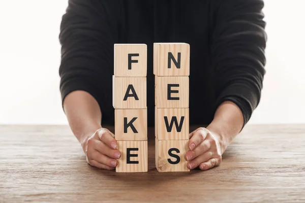 Cropped Image Journalist Holding Wooden Cubes Words Fake News Wooden — Stock Photo, Image
