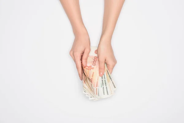 Vista Cortada Mulher Segurando Rublos Russos Mãos Isoladas Cinza — Fotografia de Stock
