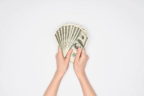Visão Parcial Mulher Segurando Dólares Mãos Isoladas Cinza — Fotografia de Stock