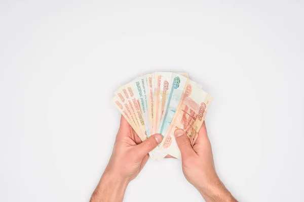 Vista Recortada Del Hombre Sosteniendo Billetes Rusos Manos Aisladas Gris — Foto de Stock