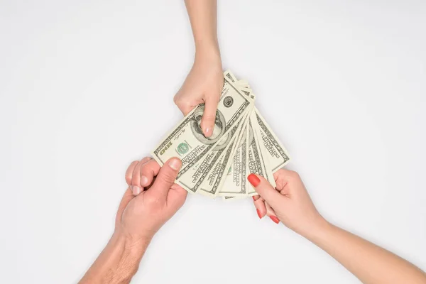 Vista Recortada Personas Que Tienen Billetes Dólares Aislados Gris — Foto de Stock