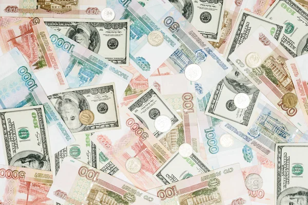 Naadloze Achtergrond Met Dollars Russische Bankbiljetten Munten — Stockfoto