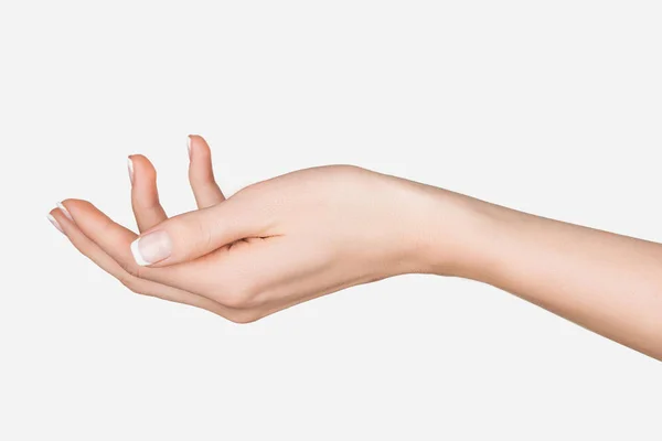 Nära Håll Syn Kvinnlig Hand Isolerad Vit — Stockfoto