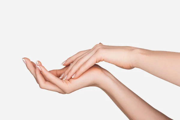 Visão Parcial Mãos Femininas Isoladas Branco — Fotografia de Stock