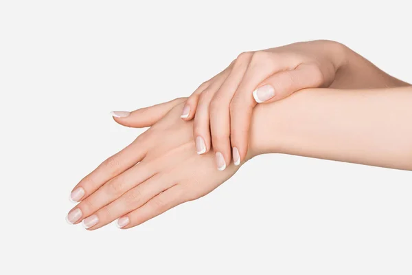 Vista Cortada Mãos Femininas Isoladas Branco — Fotografia de Stock