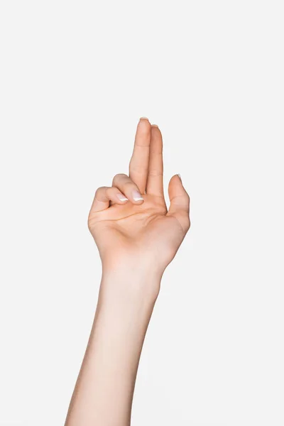 Vista Cortada Mulher Gesticulando Com Mão Isolada Branco — Fotografia de Stock