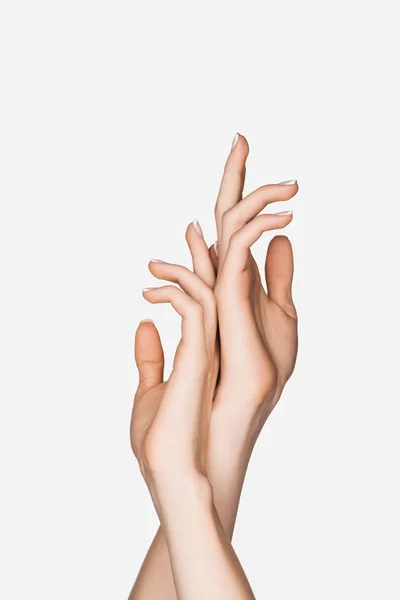 Vista Cortada Mulher Gesticulando Com Mãos Isoladas Branco — Fotografia de Stock