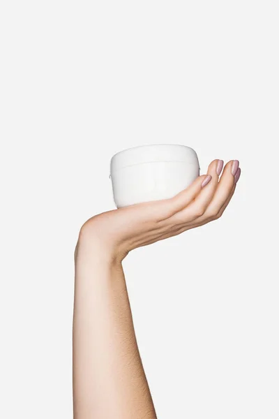 Vista Cortada Mulher Segurando Creme Mão Isolado Branco Com Espaço — Fotografia de Stock