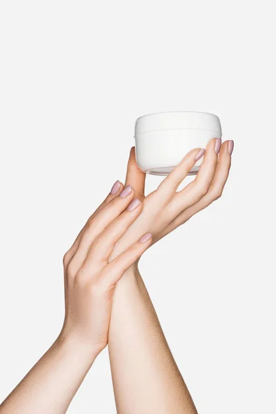 Visão Parcial Mulher Segurando Creme Mão Isolado Branco — Fotografia de Stock