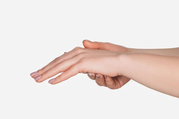 Vista Perto Mãos Femininas Isoladas Branco — Fotografia de Stock