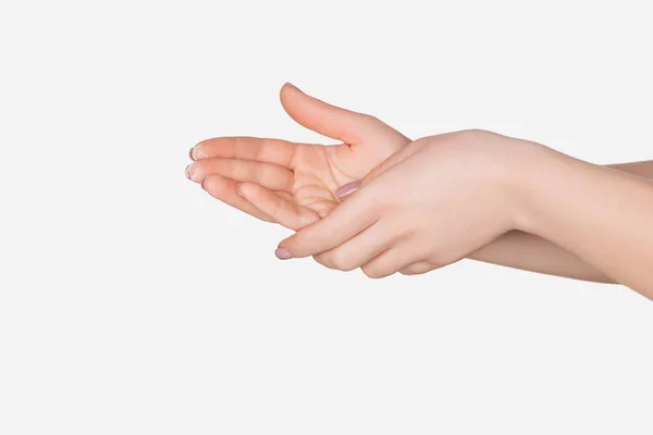 Nahaufnahme Weiblicher Hände Isoliert Auf Weiß Mit Kopierraum — Stockfoto