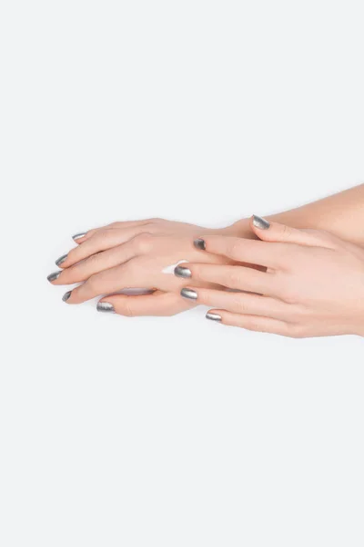 Vista Cortada Mulher Aplicando Creme Mão Isolado Branco — Fotografia de Stock