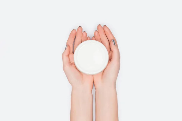 Top View Woman Holding Hand Cream Isolated White — Stock Photo, Image