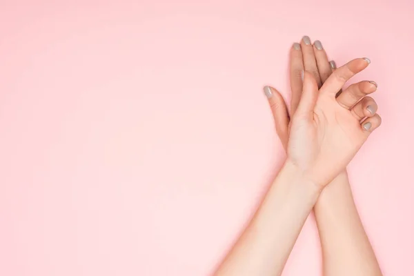 Top View Female Hands Isolated Pink Copy Space — Stock Photo, Image