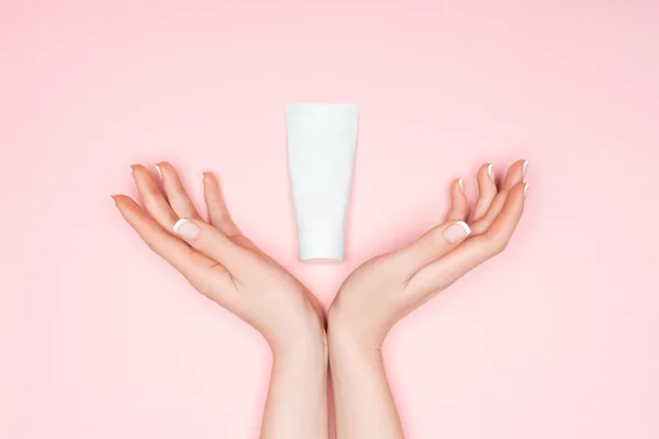 Cropped View Female Hands Hand Cream Isolated Pink — Stock Photo, Image