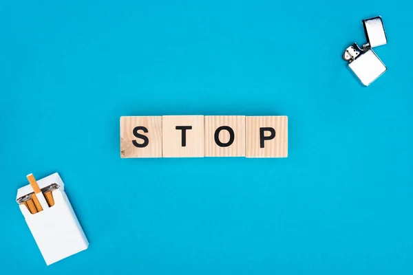 Stop Smoking Concept Photo Cigarettes Wooden Blocks Isolated Blue Stop — Stock Photo, Image