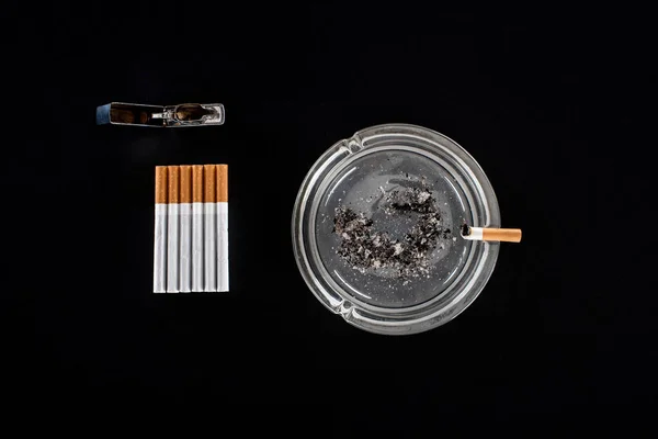 Flat Lay Ashtray Cigarettes Lighter Isolated Black — Stock Photo, Image