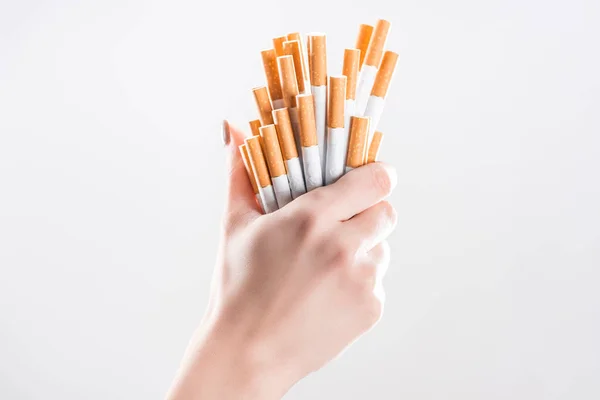 Részleges Kilátás Nyílik Kezében Szürke Elszigetelt Cigaretta Tartó Női — Stock Fotó