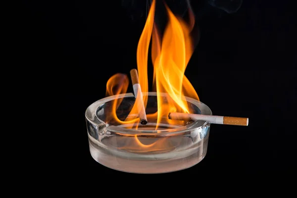 Studio Shot Burning Cigarettes Ashtray Isolated Black — Stock Photo, Image