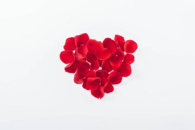 top view of heart made of red rose petals isolated on white, st valentines day concept clipart