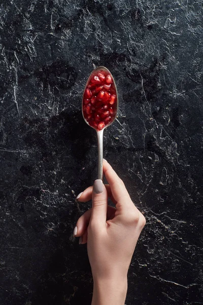 Partial View Woman Holding Spoon Garnet Seeds — Stock Photo, Image